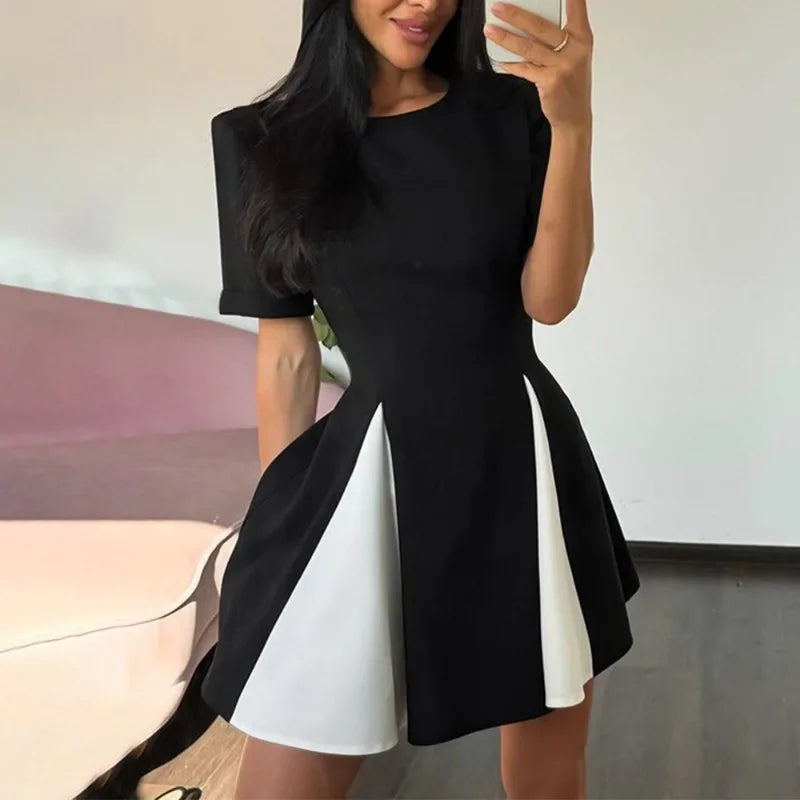 Contrast Patchwork Short Sleeve Mini Dress Mssaz Desses