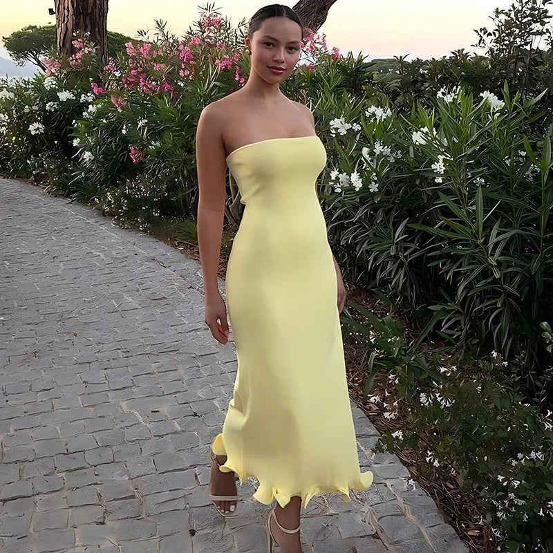Frill Trim Tube Midi Dress Mssaz Desses