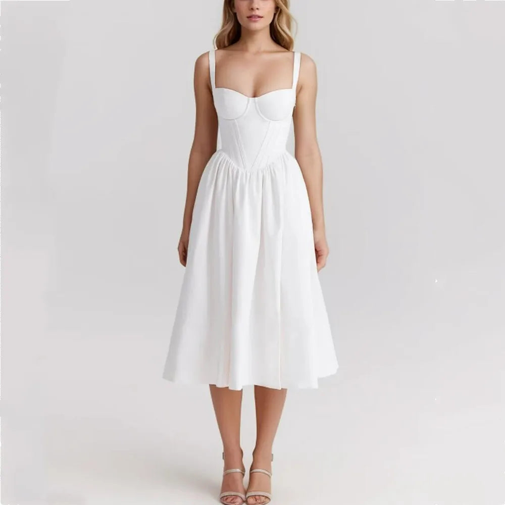 Wire Corset Style Low Waist White Midi Dress Mssaz Desses