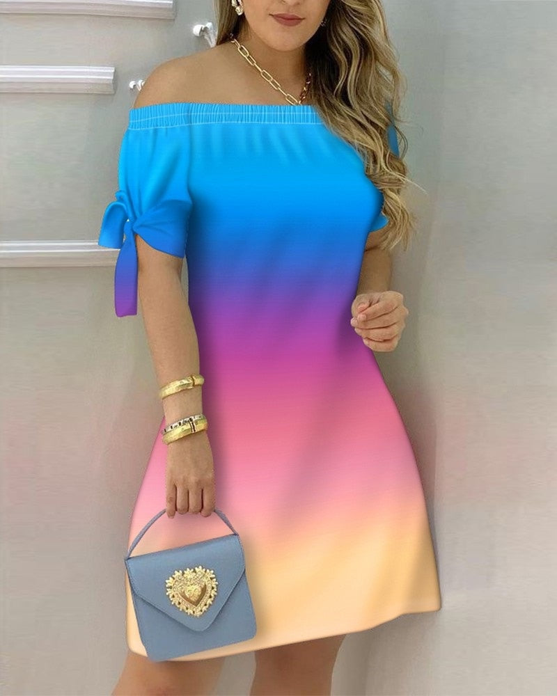 Off Shoulder  Mini Dress Short Sleeve Bow Tie Striped Plaid Floral Vestidos Mssaz Desses