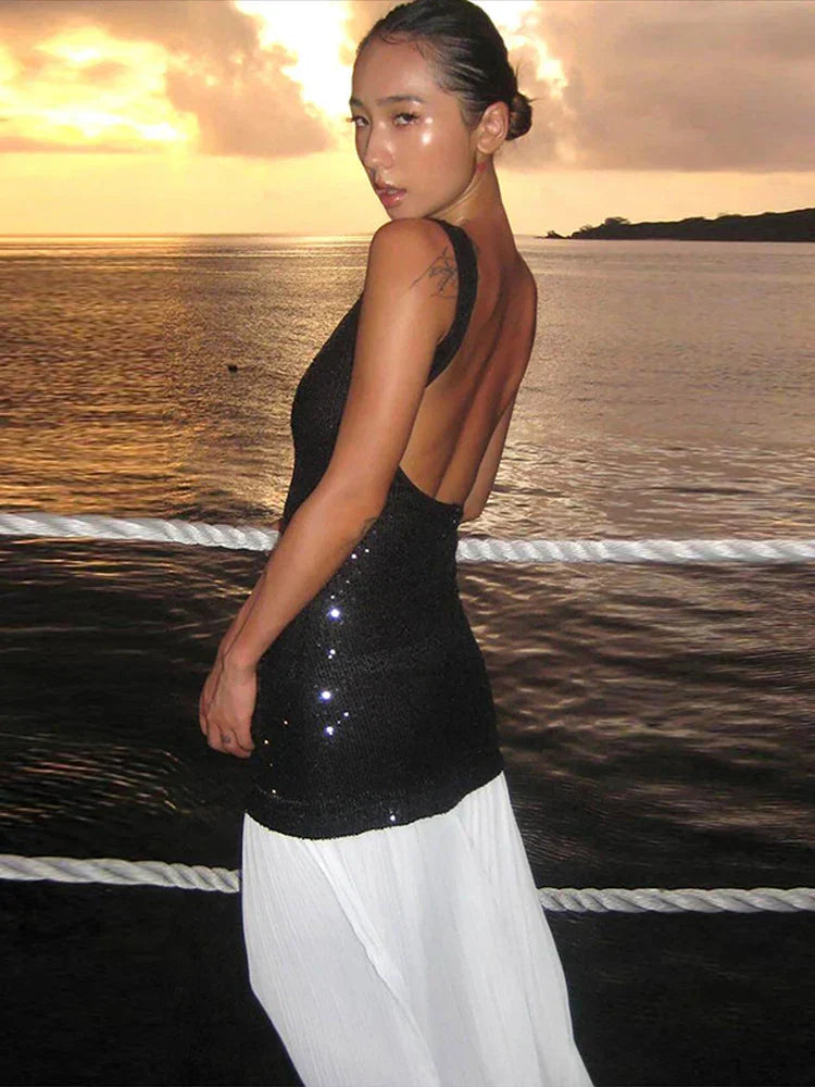 Sequined Patchwork Backless Long Dress Mssaz Desses