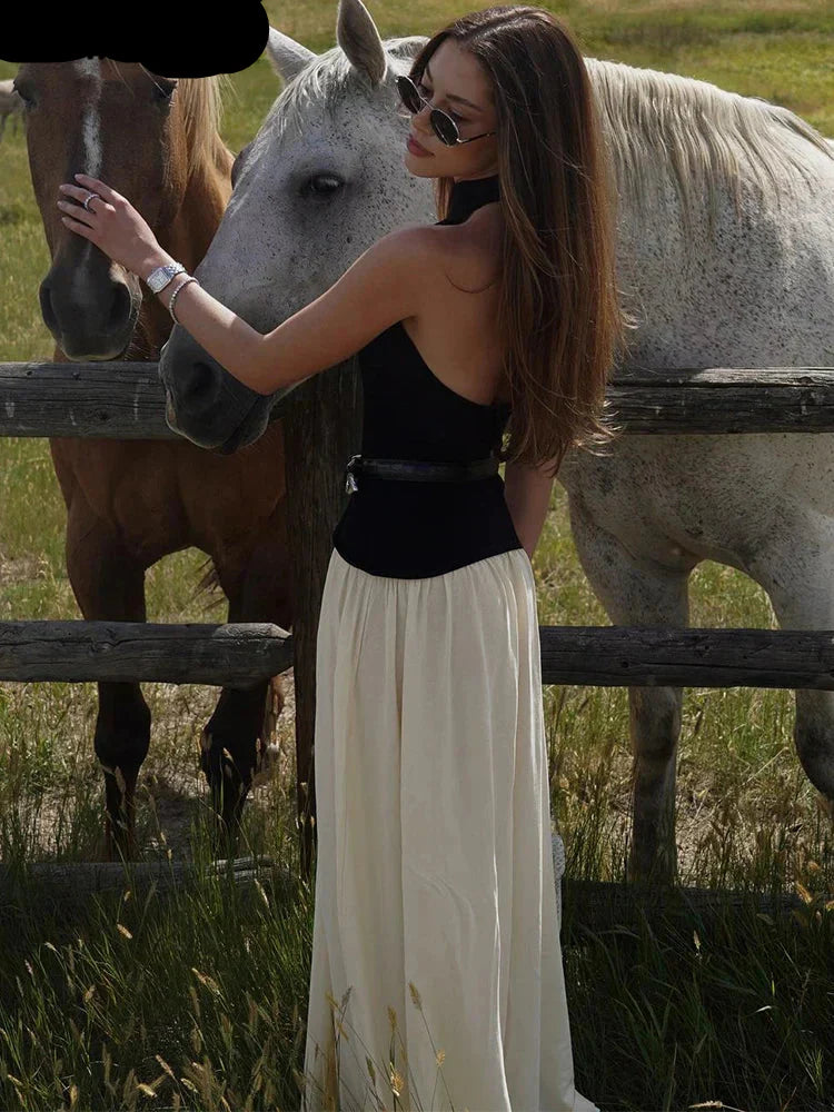 Contrast Patchwork Halter Backless Long Bodycon Dress Mssaz Desses
