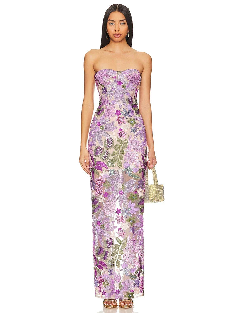 Floral-Embellished Sequin Lavender Ankle Length Dress Mssaz Desses