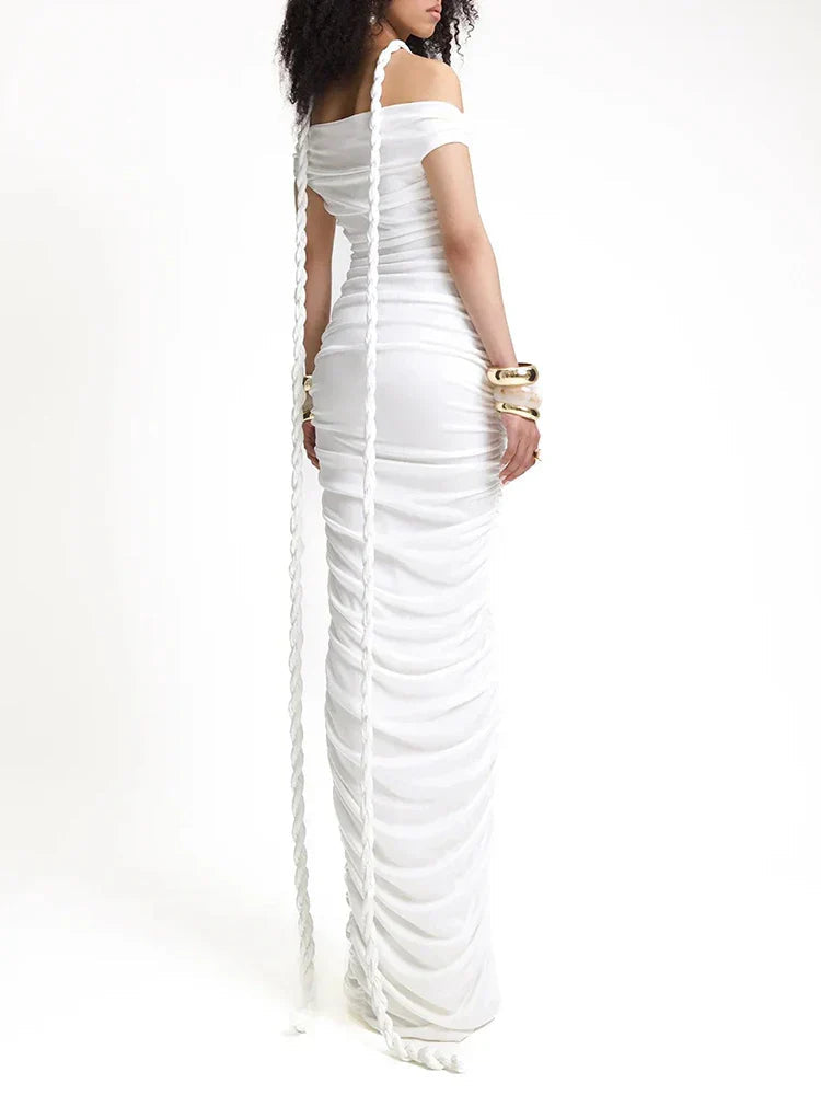 Slash Neck Pleated Braid Ribbon Long Dress Mssaz Desses