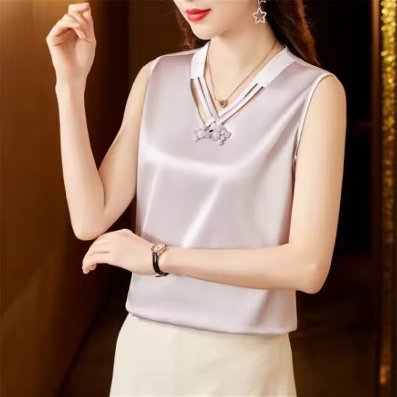 Elegant V Neck Solid Beaded Sleeveless Satin Blouse Loose Casual Silk Top Mssza