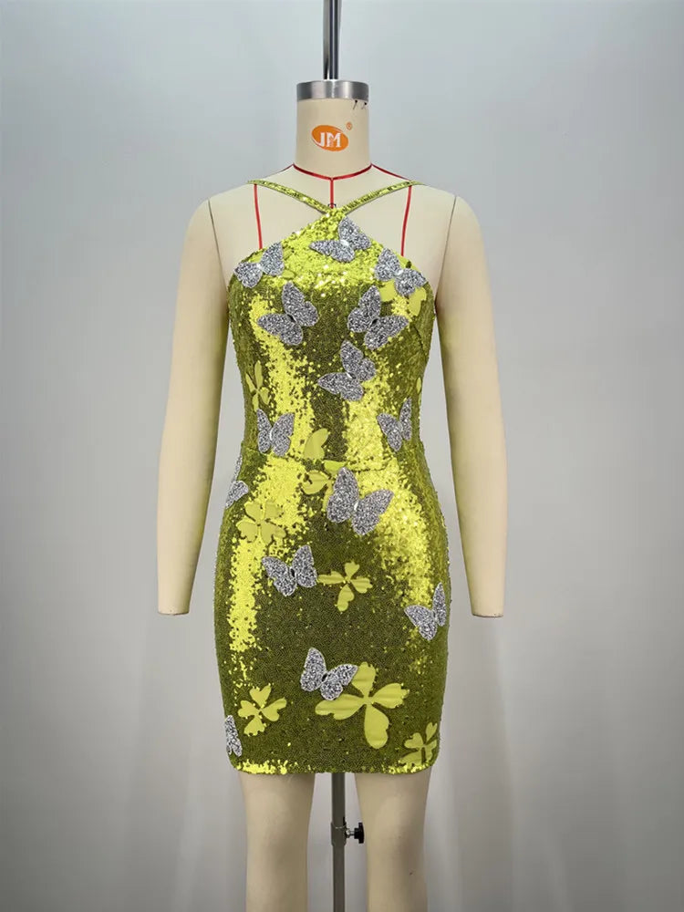 Sleeveless Mesh Sequins Butterfly Mini Dress Mssaz Desses