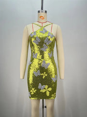 Sleeveless Mesh Sequins Butterfly Mini Dress Mssaz Desses