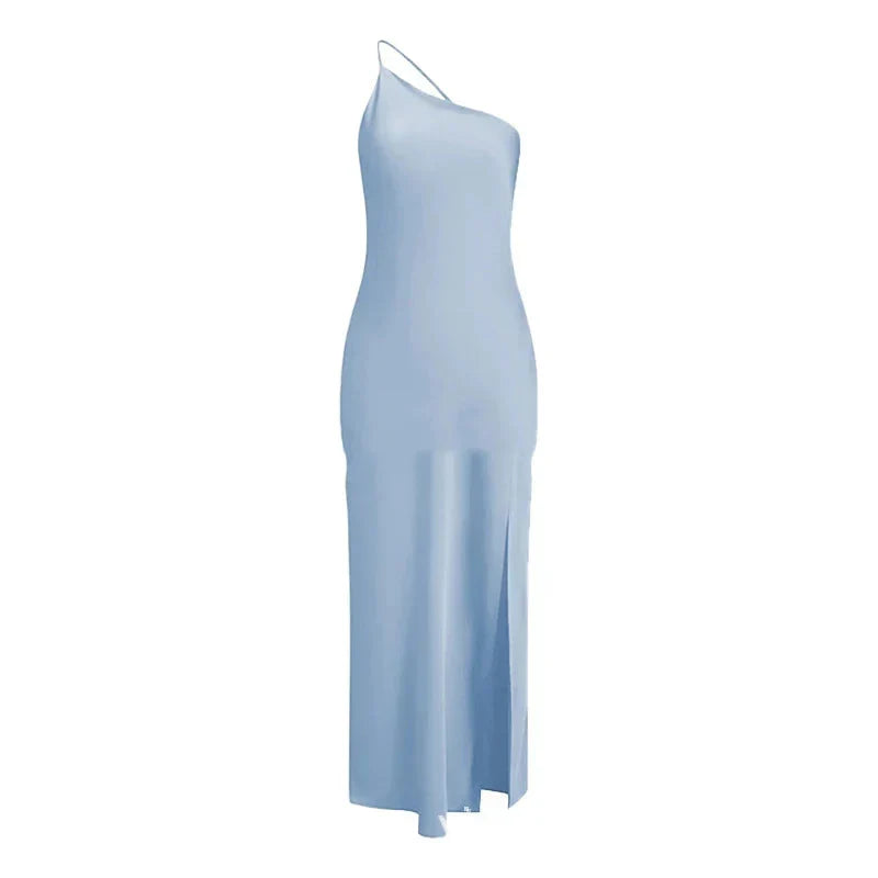 Backless Satin Slant Shoulder Solid Slit Long Dress Mssaz Desses
