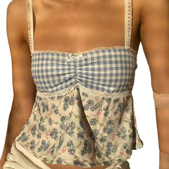 Plaid Floral Camisoles  Lace Trim Sleeveless Sling Tank Slim Vests Tops Mssza