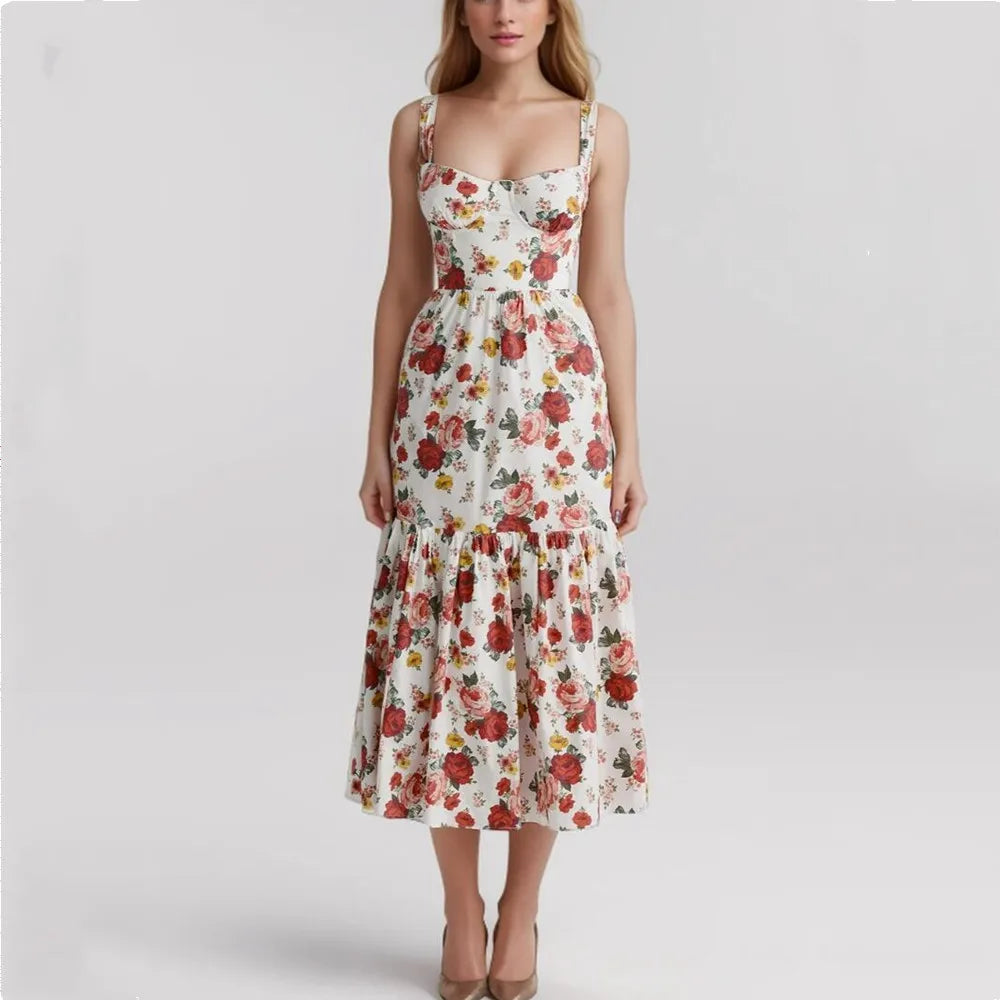 Flower Print Corset Style Ruffles Hem Midi Dress Mssaz Desses
