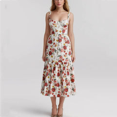 Flower Print Corset Style Ruffles Hem Midi Dress Mssaz Desses