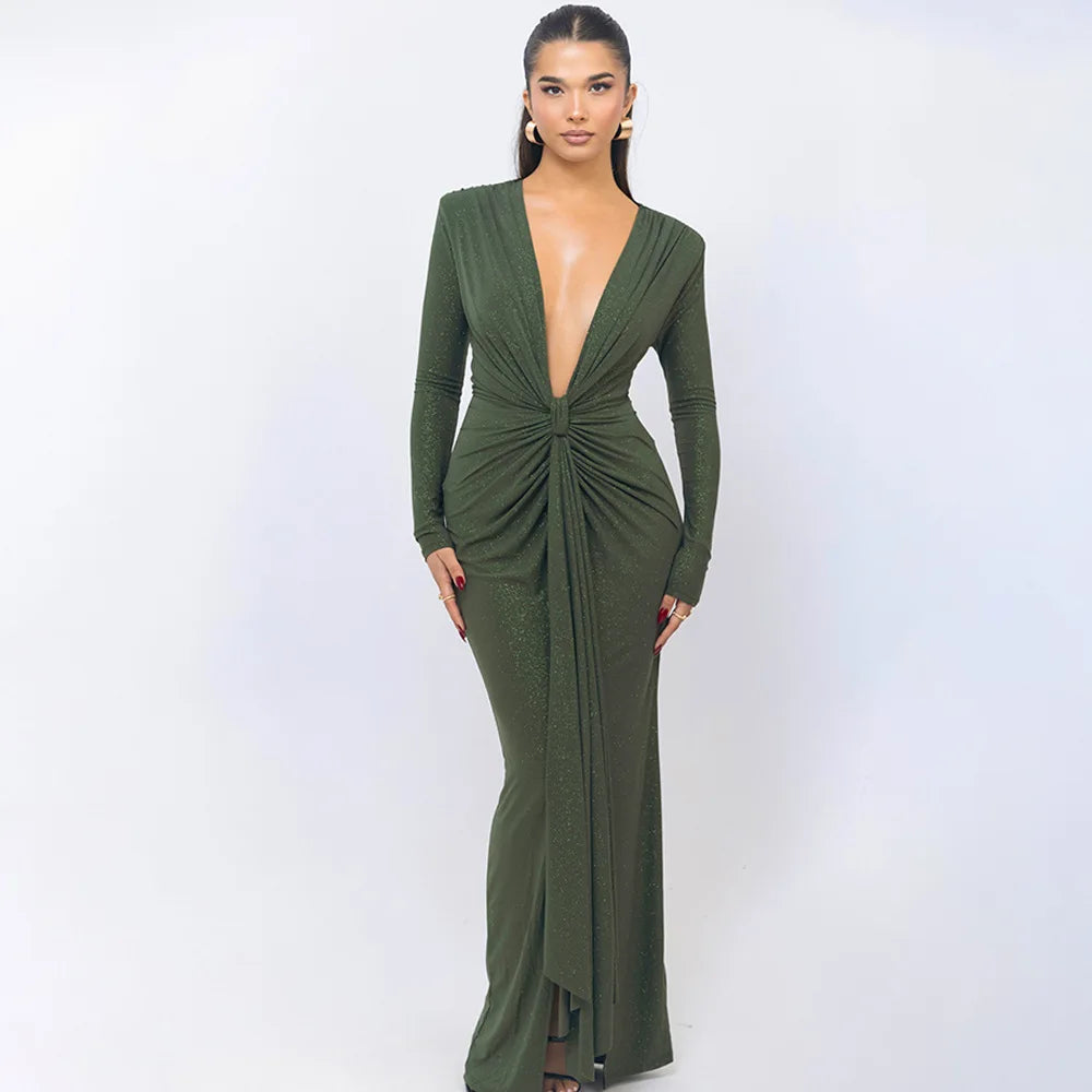 Elastic Deep V-Fold Lace Maxi Dress Mssaz Desses
