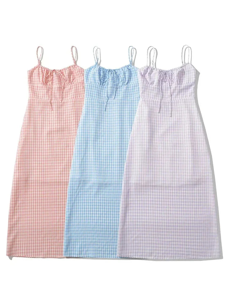 Spaghetti Strap Tie Up Plaid Pink Midi Dress Mssaz Desses