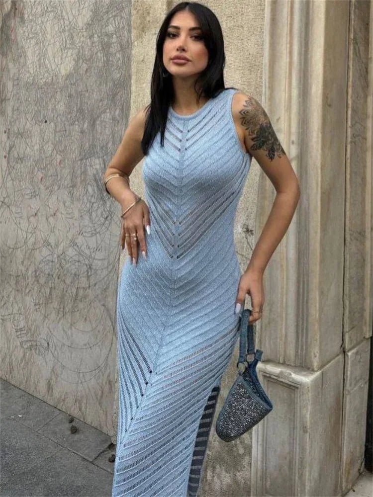 Sleeveless Patchwork Knit Maxi Dresses Mssaz Desses