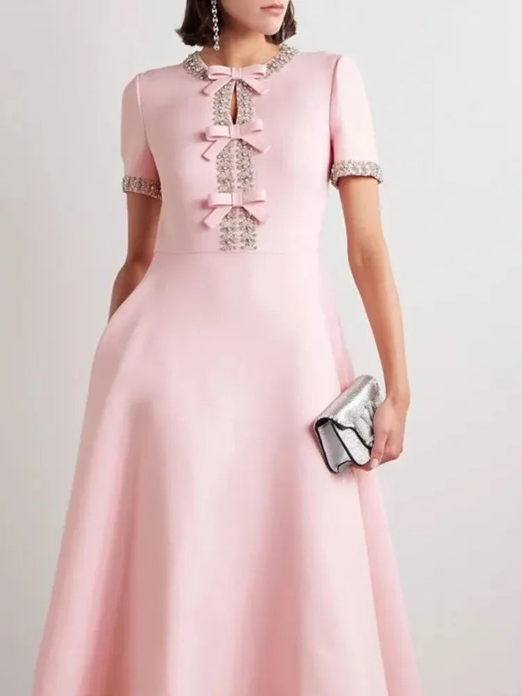 Diamond Edge Bowknot Short Sleeve Midi Dress Mssaz Desses
