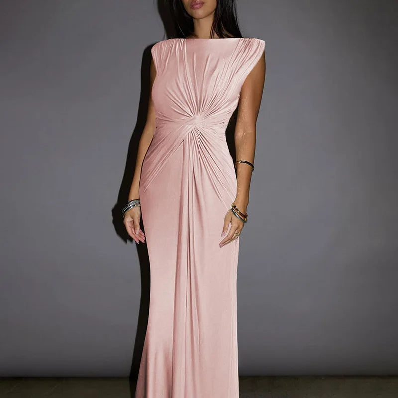 Solid Boat Neck Twist Knot Long Dress Mssaz Desses