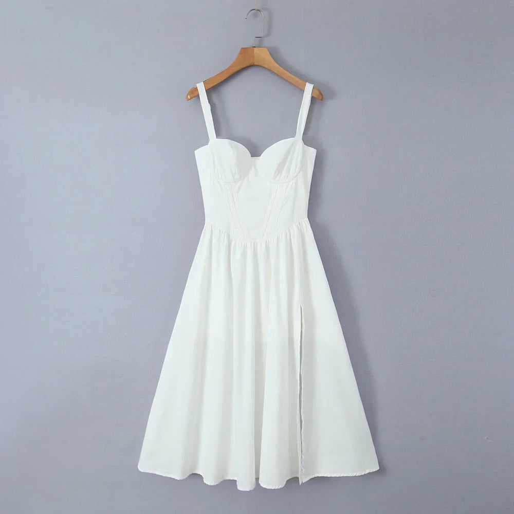 Wire Corset Style Low Waist White Midi Dress Mssaz Desses