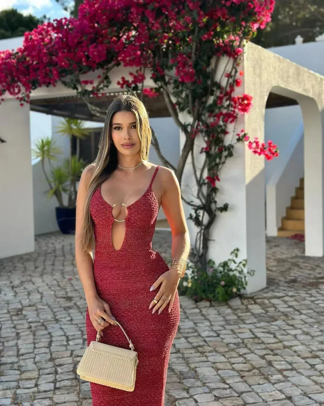 Shiny Silk Knit Metal Ring Bodycon Dress Mssaz Desses