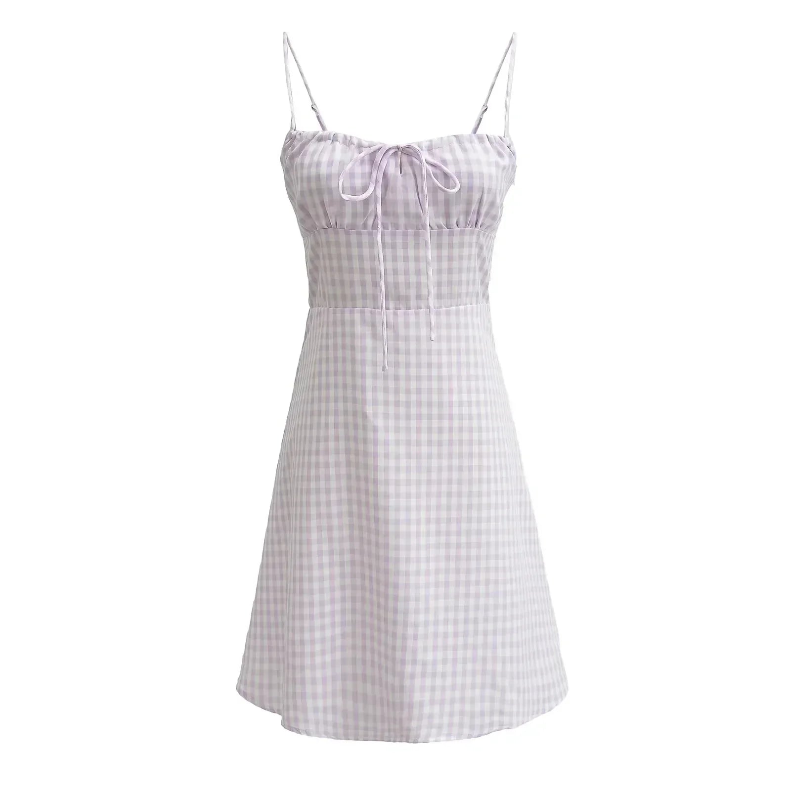 Spaghetti Strap Tie Up Plaid Pink Midi Dress Mssaz Desses