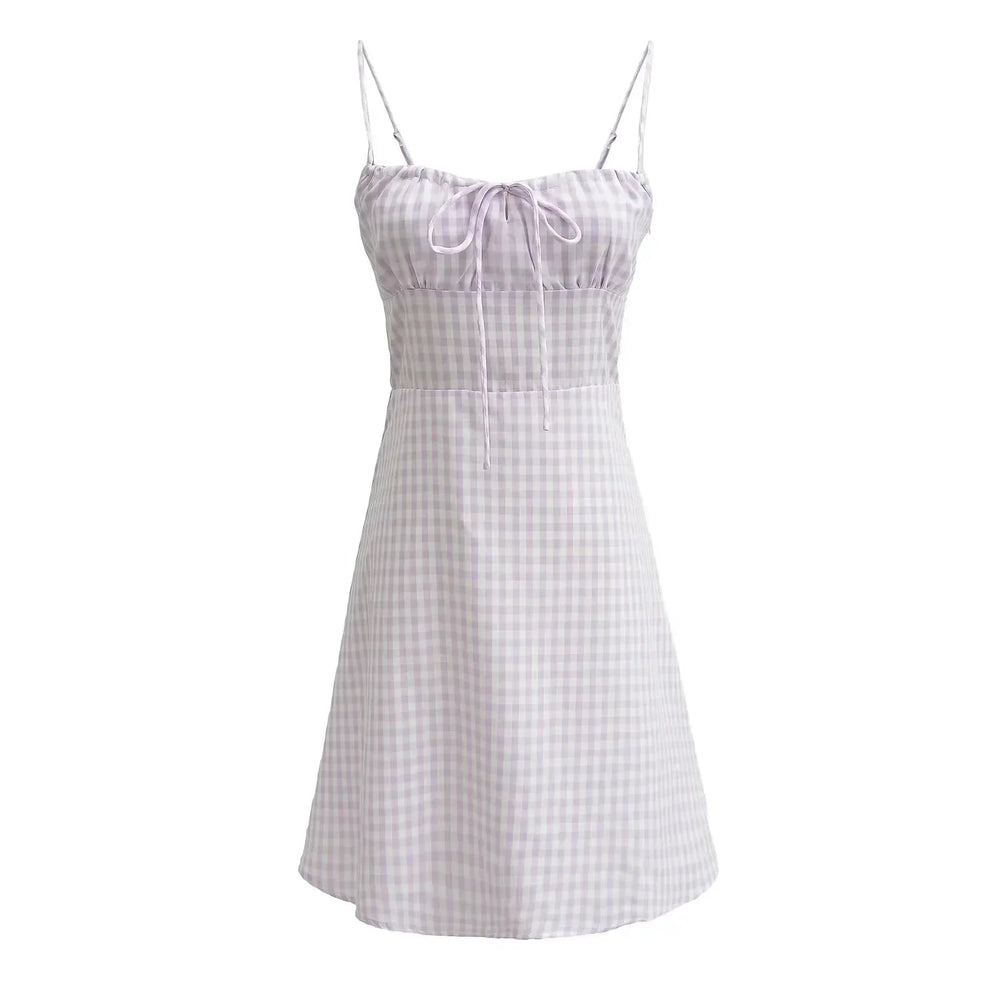 Spaghetti Strap Tie Up Plaid Pink Midi Dress Mssaz Desses