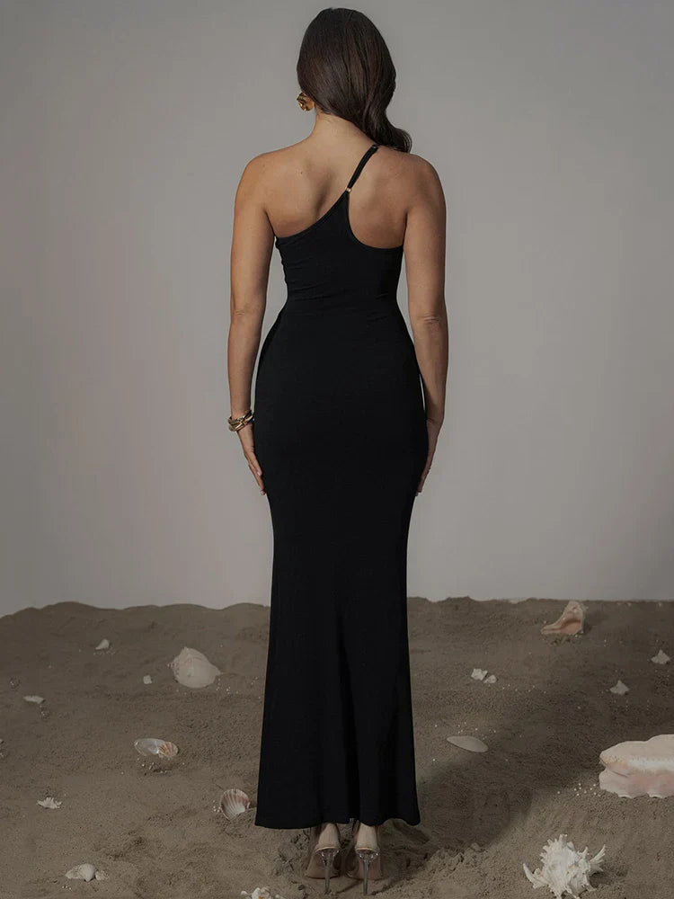 Black Mesh Patchwork One Shoulder Maxi Dress Mssaz Desses