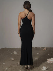 Black Mesh Patchwork One Shoulder Maxi Dress Mssaz Desses