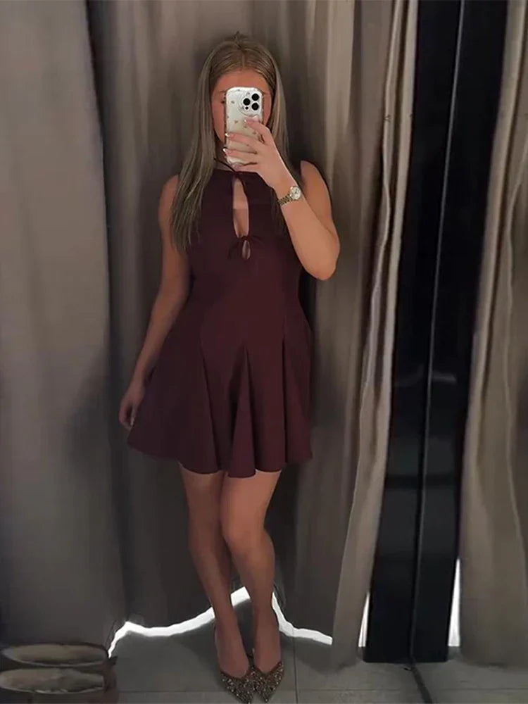 Hollow Out Bow Solid Sleeveless Pleated Dress Mssaz Desses