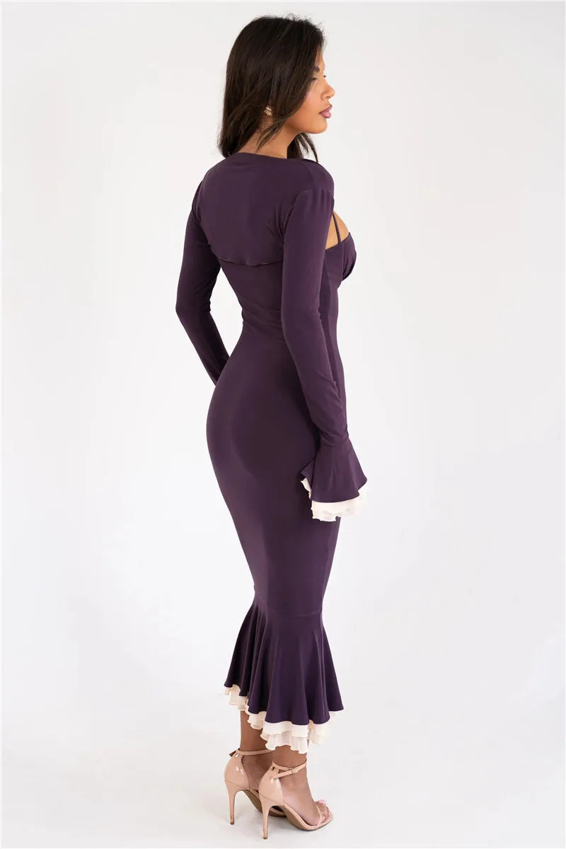 Patchwork Square Collar Evening Fishtail Dress Mssaz Desses