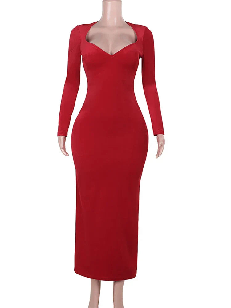 Red Long Sleeve Side Slit Dress Mssaz Desses