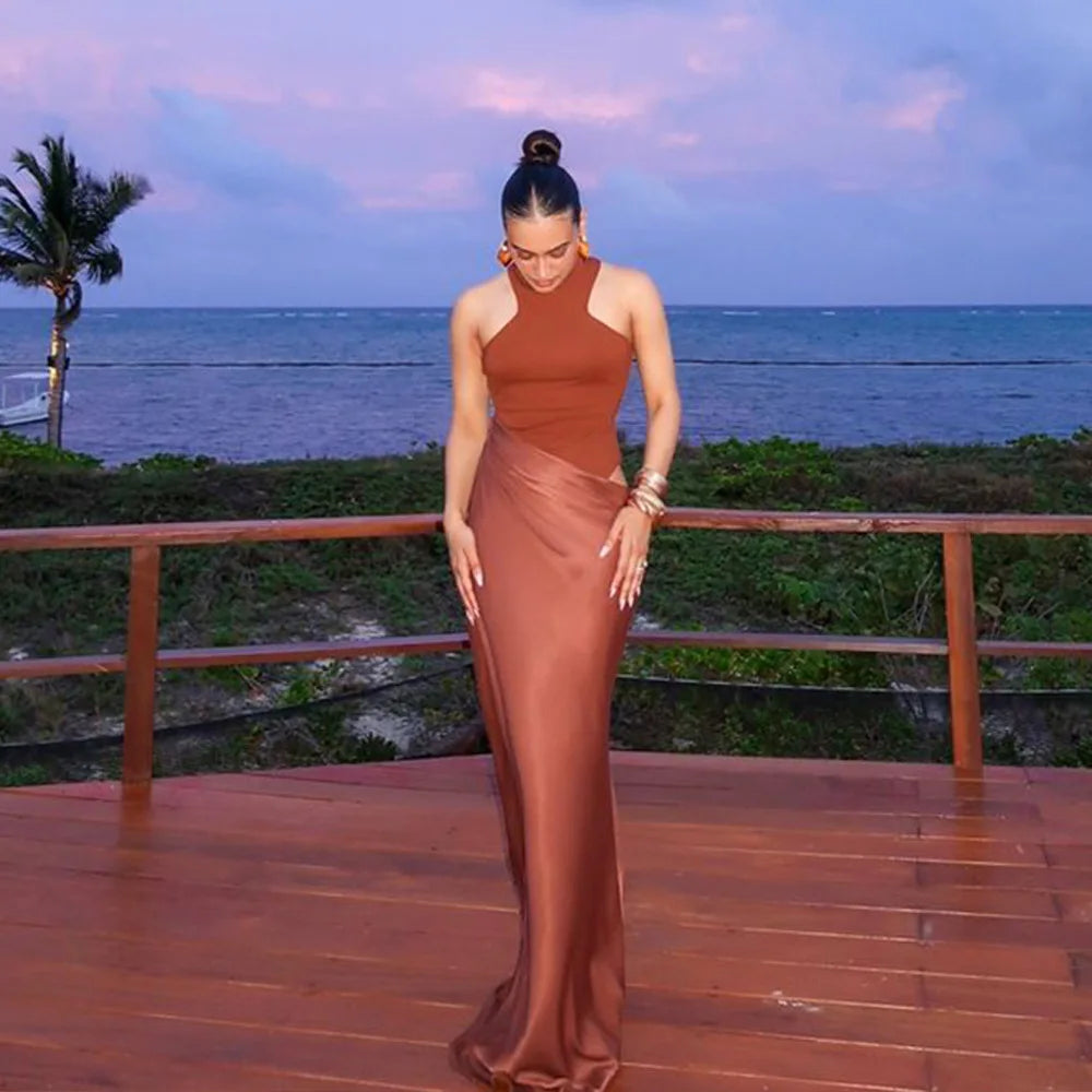 Satin Sleeveless High Neck Dress Mssaz Desses