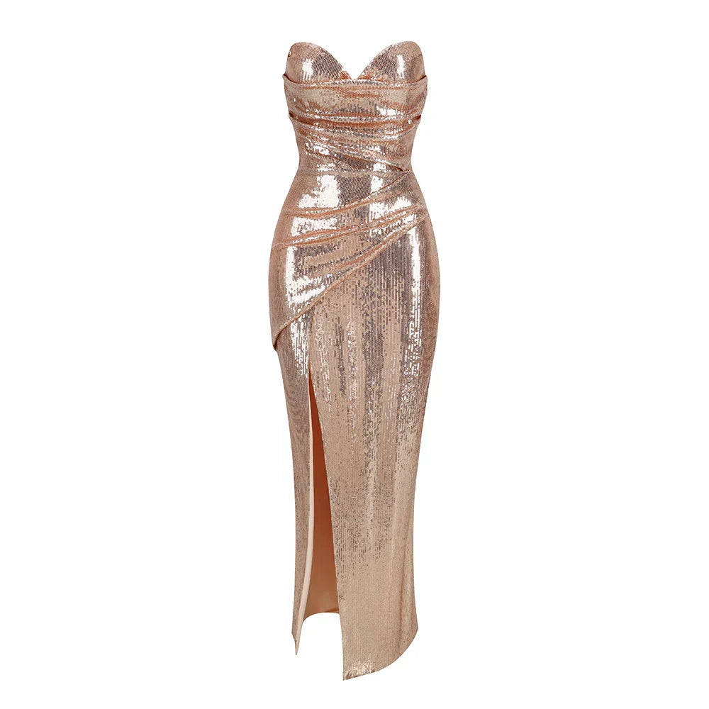 Sequined Strapless Slit Lace Up Ankle Length Dress Mssaz Desses