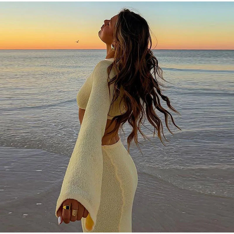 Knitted Hollow Out Solid O-neck Slit Maxi Dress Mssaz Desses
