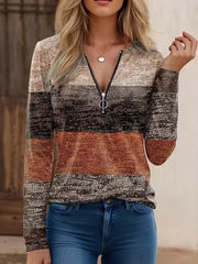 Printed Burnt Flower Pattern V Neck Zipper Splicing Long-Sleeved T-Shirt Mssza