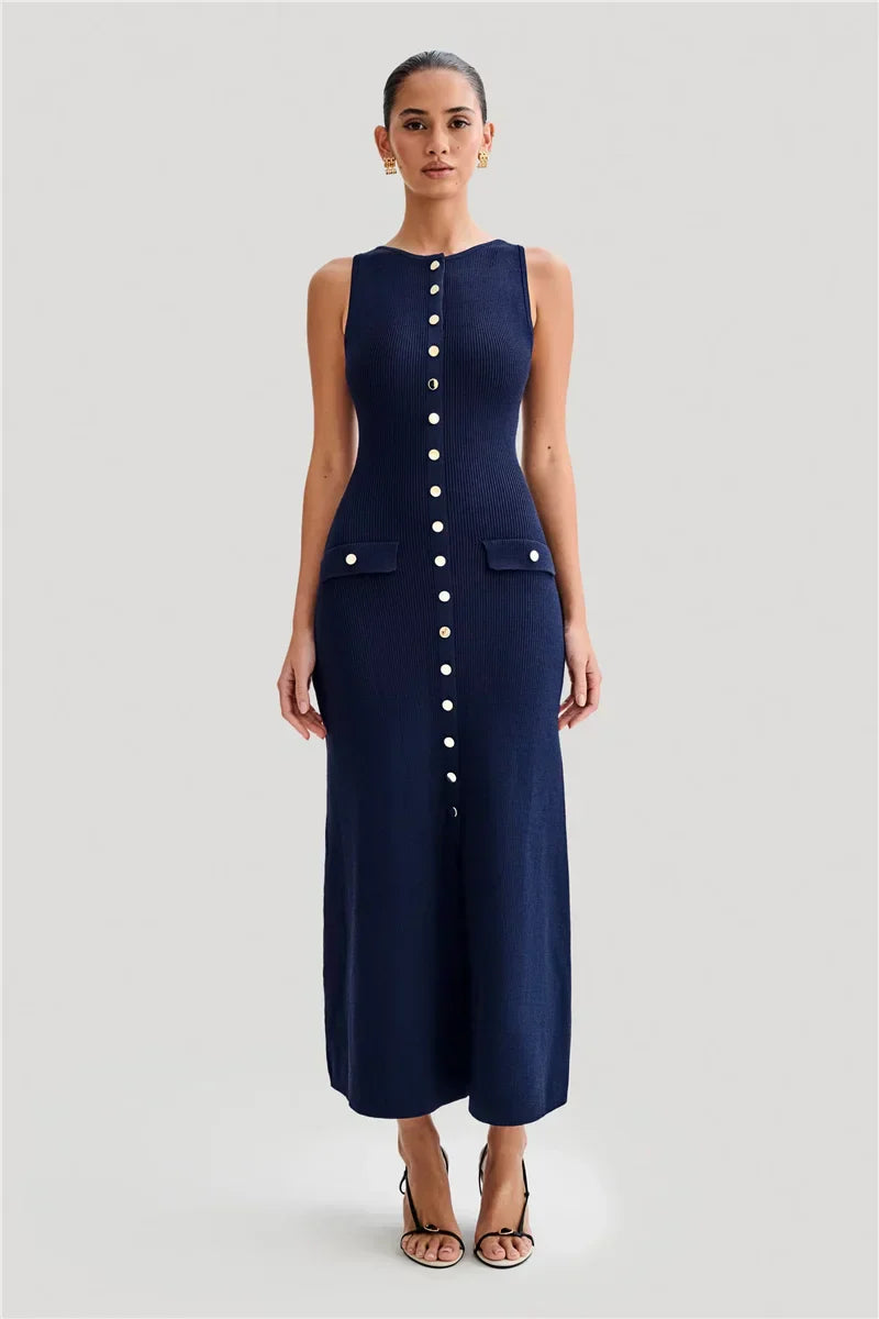 Knit Maxi Dress with Pockets Button-Front Mssaz Desses