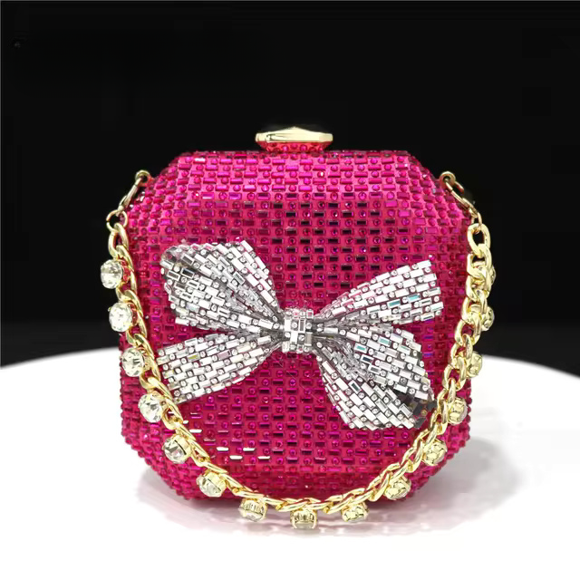 Diamond Inlaid Bow Square Box American Style Clutch Mssza