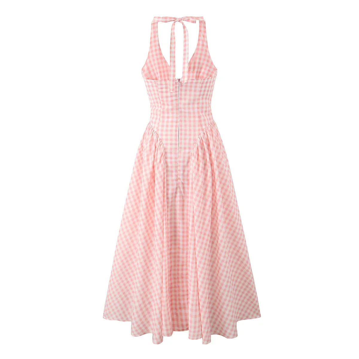 Pink White Plaid Bow Halter V Collar Midi Dress Mssaz Desses
