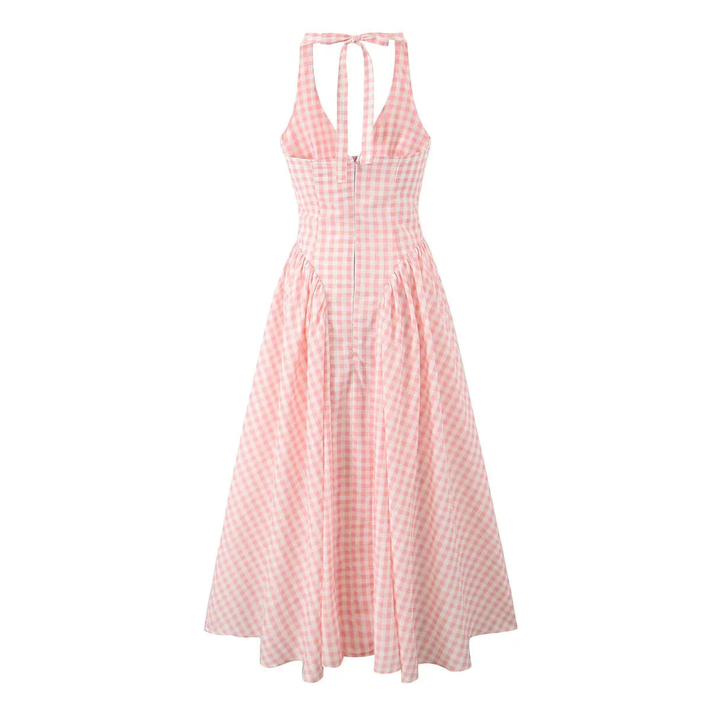 Pink White Plaid Bow Halter V Collar Midi Dress Mssaz Desses