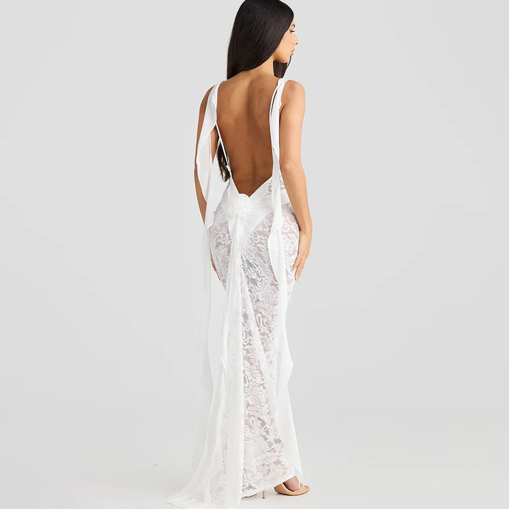 Lace Patchwork Backless Trailing Long Dress Mssaz Desses