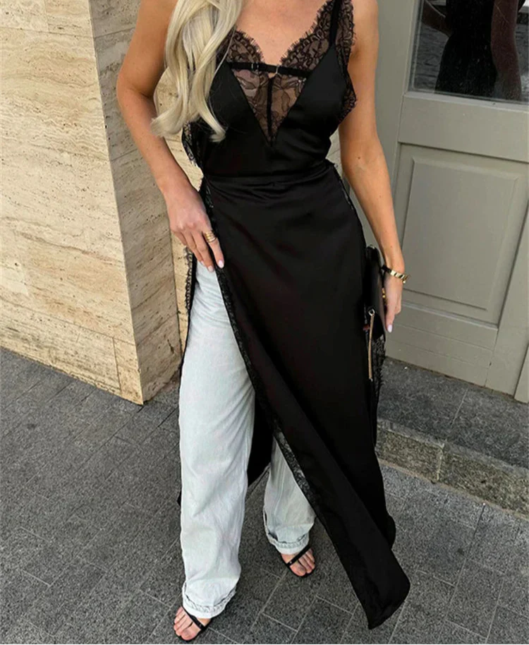 Lace Satin Patchwork High Split Maxi Dress Mssaz Desses