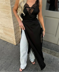 Lace Satin Patchwork High Split Maxi Dress Mssaz Desses