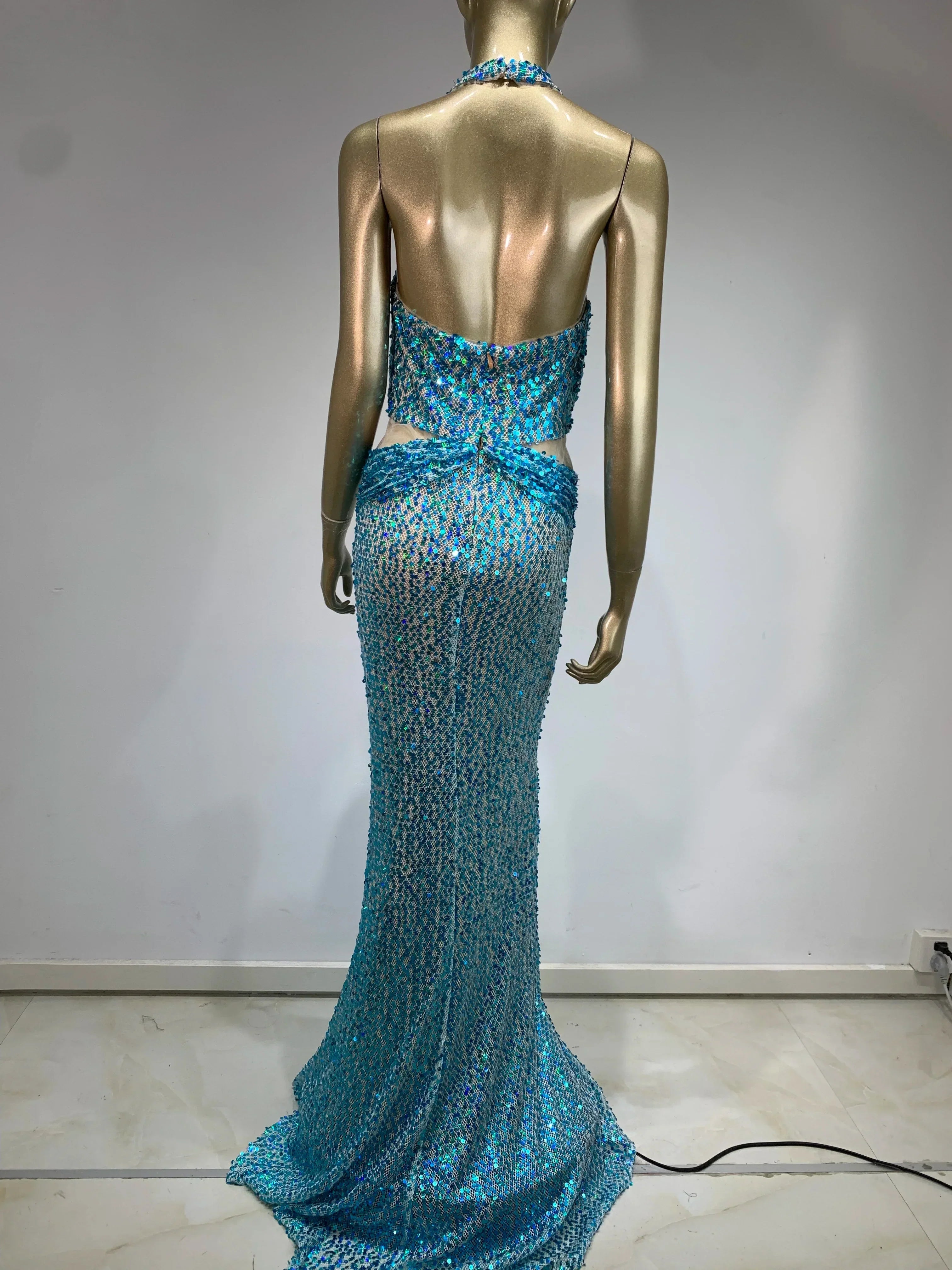 Halter Blue Sequins Sparkly Glitter Maxi Dress Mssaz Desses