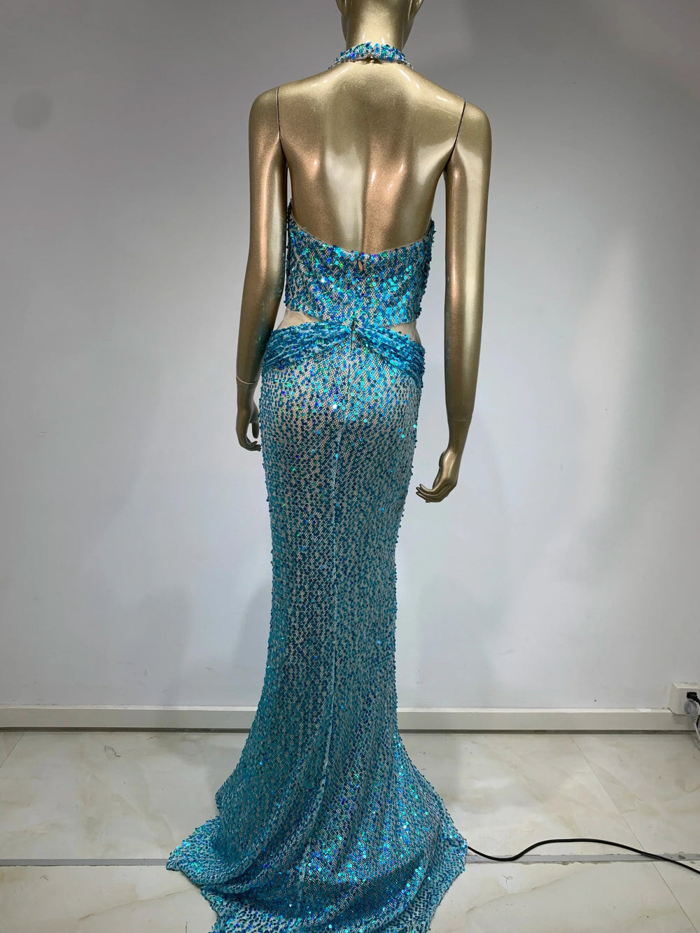 Halter Blue Sequins Sparkly Glitter Maxi Dress Mssaz Desses