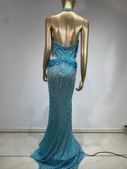 Halter Blue Sequins Sparkly Glitter Maxi Dress Mssaz Desses