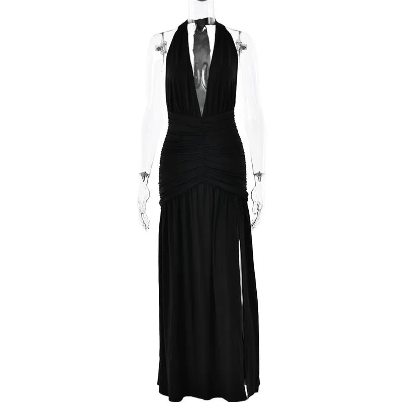 Open Back Solid Thigh High Split Long Dress Mssaz Desses