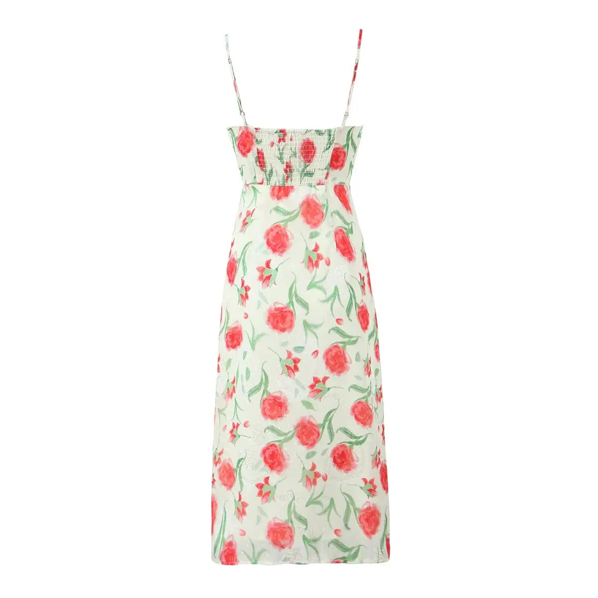 Large Flowers Elastic Buttons Midi Dress Mssaz Desses