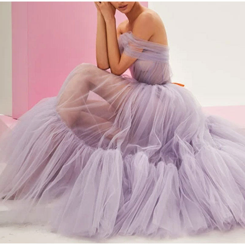 One Shoulder Tulle Mesh Evening Party A-Line Tutu Dress Mssaz Desses