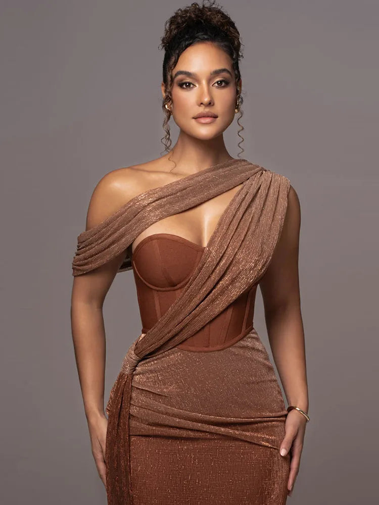 One Shoulder Draped Glitter Brown Maxi Dress Mssaz Desses