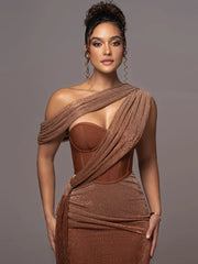 One Shoulder Draped Glitter Brown Maxi Dress Mssaz Desses