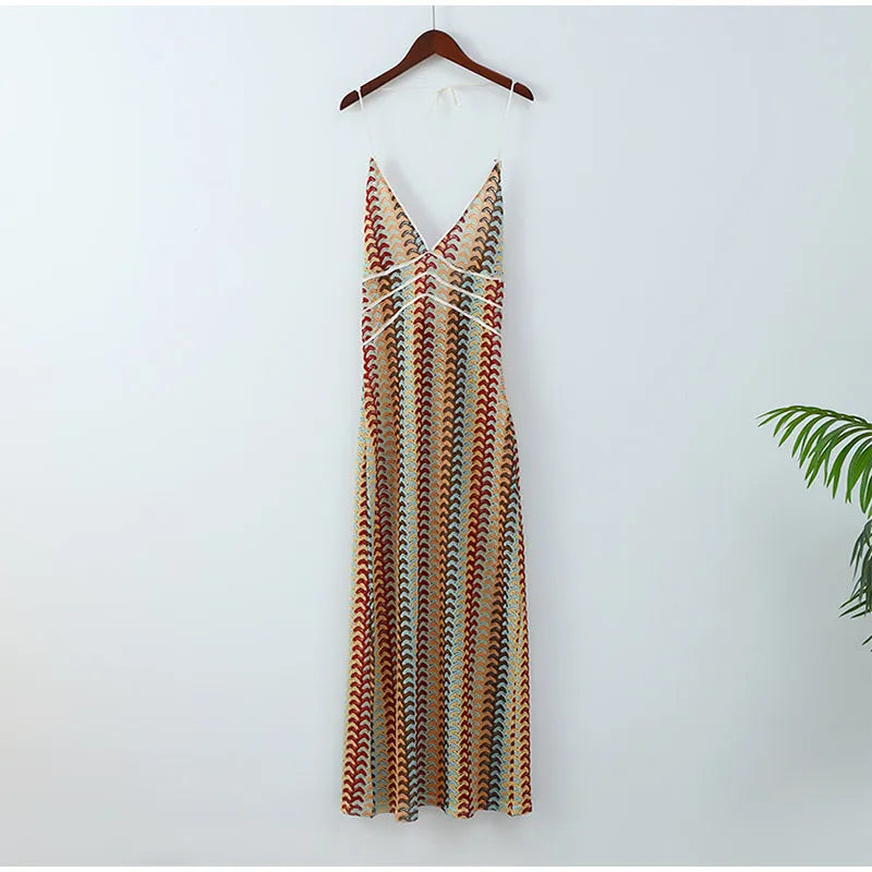 Deep V-neck Crochet Halter Backless Maxi Dress Mssaz Desses
