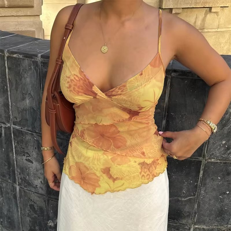 Tie Dye Print Camisole Boho Backless Pattern V Neck Tank Tops Mssza